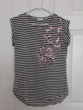 New York & Company Black & White Striped Top with Pink Sequin Accent
